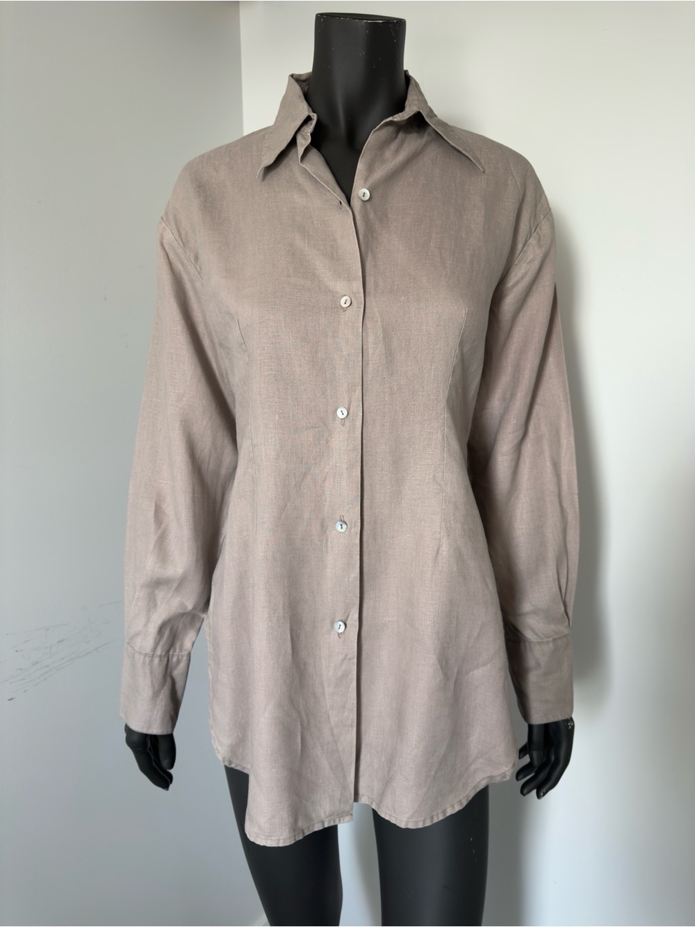 312. Strada 100% Linen Neutral Taupe Button-Up Shirt